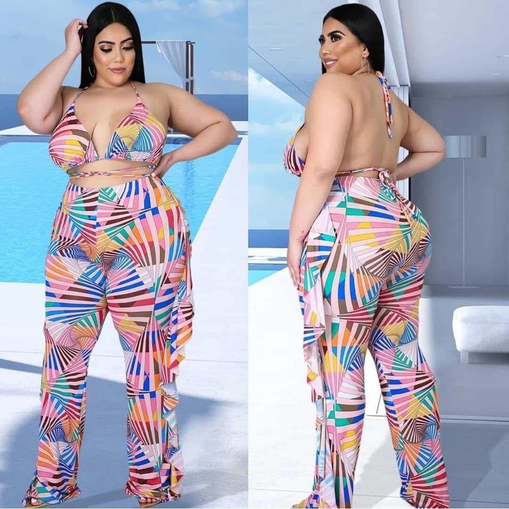 Two piece pants set with fringe pants.